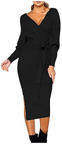 Women's MIdi Dresses Elegant Long Sleeve Cocktail Wrap Dress with Belt V Neck High Waist Long Sweater Dress Casual Solid Color Bodycon Autumn Dress Lightweight Knitted Jumper Dress for Women Winter