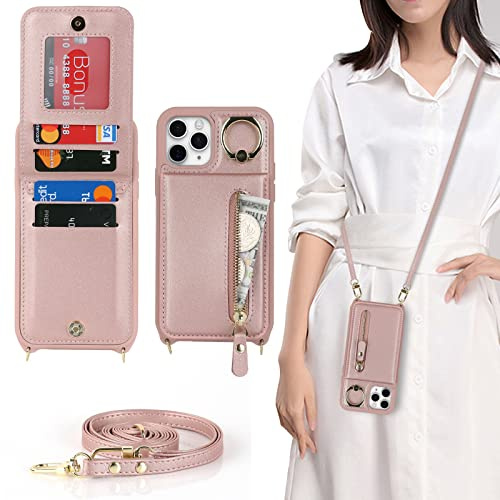 CAVOR Handykette Handyhülle Kompatibel Mit iPhone 11 Pro Hülle Mit Band,Flip Leder Geldborse Hülle,[4 Kartenfach][Ring Stander][Reißverschluss],Handytasche zum Umhängeband - Rose Gold