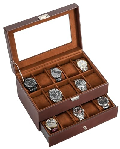 ProCase Uhrenbox mit 20 Fächern, Uhrenkasten mit Glasdeckel, Uhrenkoffer mit Uhrenkissen, Uhrenaufbewahrung, Premium-Uhrenschatulle, PU-Leder Uhrenkasten, Watch Box für Herren - 20 Fächer, Braun