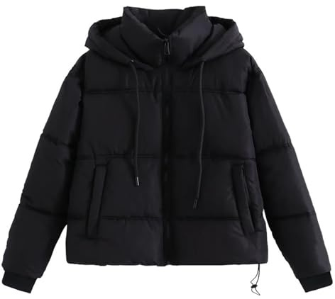 GULASISI Cropped Puffer Jacket for Women Baggy Hooded Puffy Cotton-Padded Clothes Winter Thicken Thermal Warm Short Down Coats/UK Size/Ladies Winter Clothes Black