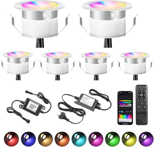8 pièces Wifi intelligent RGBIC Dynamique LED spot de sol multicolore effet de chasse patio Lighting Works avec alexa, Google home, DC12 Ø31mm IP67 projecteur encastré LED étanche