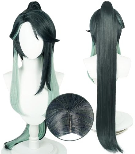 Peluca de cosplay pelo largo verde liso con coleta desmontable para disfraces de Halloween para mujeres