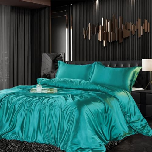 Gezu Bettwäsche Set Satin 135x200cm 4teilig Glänzend Grün Silky Touch Glänzend Seide Einfarbig Bettbezug Set Glatt Luxus Bettwäsche Set weicher Doppelbettmit Reissverschluss und Kissenbezüge 80x80cm