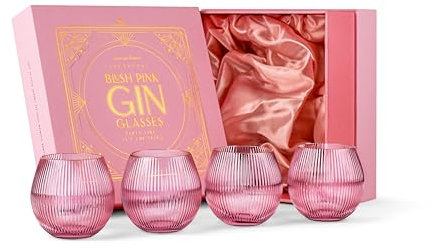 Copas de Cóctel Art Déco Rosas con Globo et Borde Dorado para Gin Tonic | Juego de 4 | 400 ml | Vasos de Cristal sin Tallo para Cócteles de Ginebra | Cristalería de Burbujas Acanalados