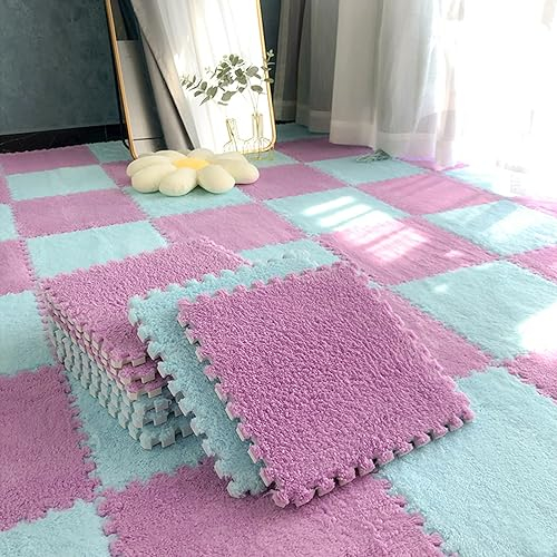 LULUMAIC Weiche, ineinandergreifende Puzzle-Teppichfliesen, Plüsch-Puzzle-Schaumstoff-Bodenmatte, Teppiche, Spielmatte für Spielzimmer, 50 Teile (Hellblau + Lila)