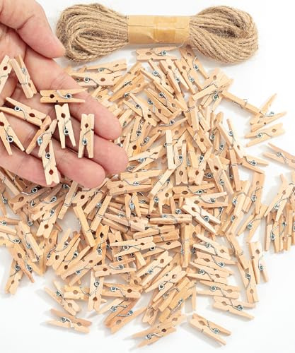 Mr. Pen- Mini Wooden Clothes Pins for Photo, 1 Inch, 200 Pack, Small Clothespins with 10 Meter Jute Twine for Scrapbooking, Labeling Plants, Gift Tags, Tiny Crafts, Photo Display, Decoration