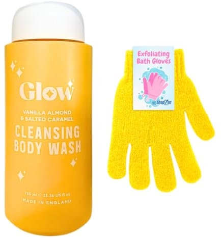 Glow Cleansing Body Wash 750ml and ShopZee Exfoliating Bath Gloves Set | Gel-Based Shower and Bath Formula | Exfoliated, Hydrated, Glowing Skin | Made in the UK (Vanilla Almond & Salted Caramel)