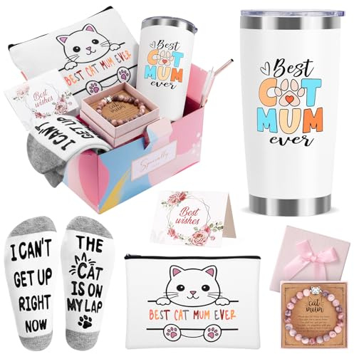 NaiCeay Cat Lover Gifts Set for Women | 20 oz Mug Cup, Makeup Bag, Natural Stone Bracelets, Socks for Mother's Day, Birthday, Christmas