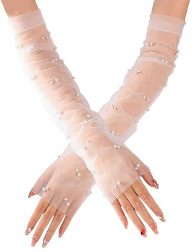 JIHUOO Lange Hochzeit Tüll Handschuhe Fingerlose Perle Braut Handschuhe Sheer Opera Handschuhe Ellenbogen Länge Abendhandschuhe Tee Party Handschuhe