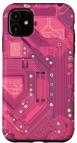 Coque pour iPhone 11 Motif carte mère circuit rayé Art déco rose