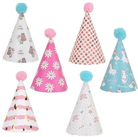 Cabilock 6 Cappellini Assortiti Per Feste Di Compleanno Per Ragazzi E Ragazze Pompon Cappellini A Cono Di Buon Compleanno Per Copricapo Da Festa