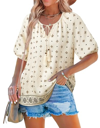 Cerrlop Boho Oberteil Damen Sommer: Bluse Damen Kurzarm Übergröße - Folklore Blumen Bluse Sommer Kurzarm - Musselin Besticktes Tunika Sommer Strand