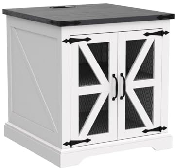 GAOWINLY Side Table, 24 Rustic Wood Sofa Side Table with Charging Station, Mesh Barn Door & Adjustable Shelf,Nightstand(White)