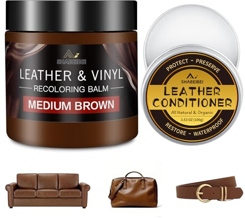 Kit de Réparation Cuir Marron moyen avec 200ml de Peinture Cuir & 100ml d'Huile d'Entretien Cuir – Cuir Liquide, Graisse Cuir & Éliminateur de Rayures – Réparation Cuir & Vinyle pour Canapés, Meubles