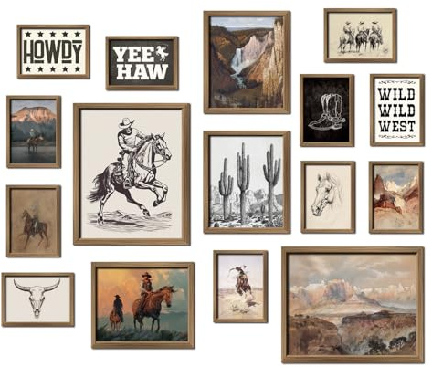 ANERZA 16 PCS Framed Western Wall Art Decor, Southwestern Gallery Wall Frame Set Prints for Bedroom Bathroom, Cowboy Posters for Living Room Aesthetic, Dorm Home Artwork Collage Kit