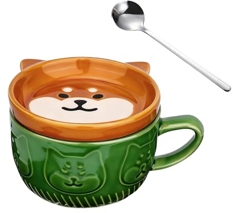 KQDRAVINE Ceramic Mug with Lid and Stainless Steel Spoon, 300ML Coffee Tea Cup, Funny Dog Breakfast Cute Mug, Cup and Saucer Sets Cute Gifts for Women Men Wife Friends Christmas Birthday Valentines