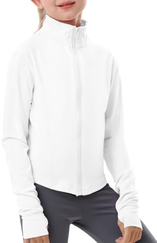 Gihuo Girls Zip Up Workout Jacket Lightweight Athletic Horse Riding Jackets Cropped Gym Yoga Track Shirts with Thumb Holes(White-7-8Y)