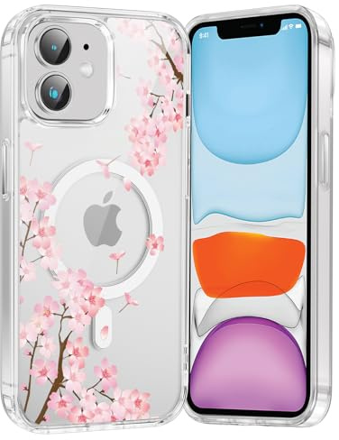 Saqmkil Cover Magnetica per iPhone 12 Mini 5,4, Compatibile con MagSafe, Trasparente Custodia Aesthetic Disegni Fiori Donne Ragazza Case, Morbido Silicone TPU Bumper Antiurto Protettiva Cover, Rosa