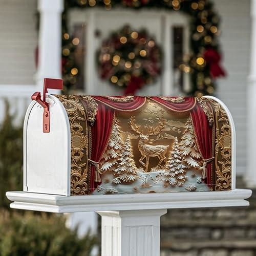 Coperture magnetiche per cassette postali con renna, tende natalizie natalizie con alberi di pino, copertura per cassetta postale rossa per giardino, patio, decorazione 45,7 x 53,3 cm
