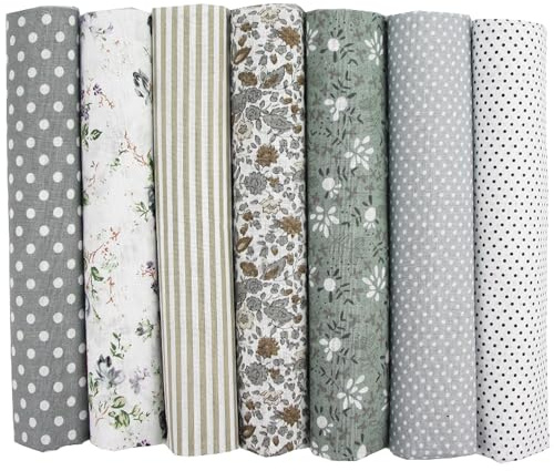 Fat Quarters Fabric Bundles, 7PCS Fabric Scraps, 20x20 (50x50cm) Gingham Fabric, Material for Sewing, Floral, Polka Dot & Stripes Cotton Fabric Bundle, DIY Crafts, Quilting & Patchwork Projects