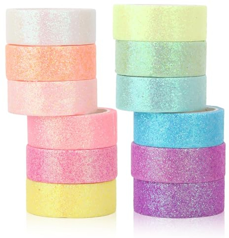 Fogbush 12 rullar Washitejp, modetejp, klippbokstillbehör, glitter, pergamentpapper, färgglada, bullet journal, tillbehör, tejp, färgglad tejp (12 färger)