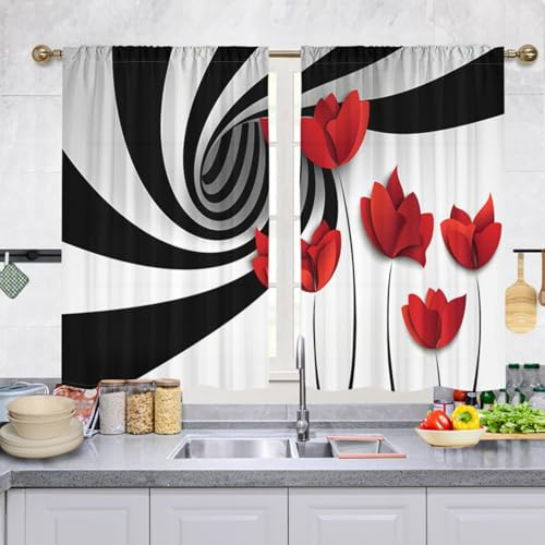 Odot Scheibengardinen Set 2 Teilig Küche Kurz, Kurzvorhang Bistrogardine Küche 3D Blume Stil Blickdicht Landhausstil Kurzstores Gardinen mit Stangendurchzug (Rot Blume A,W 90 H 60cm)