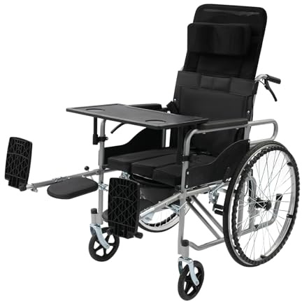 Fauteuil roulant pliable jusqu'à 100kg avec dossier réglable hydrauliquement de 90 à 150 °,Chaise roulante handicapé avec roues,seau WC amovible et freins à main,Chaise de transport pour les âgées