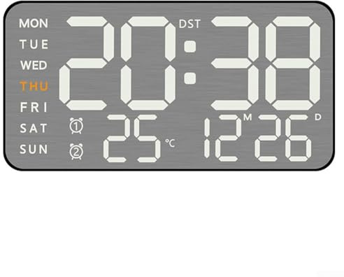 Reloj LED digital con diseño de metal cepillado, visualización completa, hora, fecha, temperatura, día de la semana, ajustes de alarma, función de ajuste de brillo (carcasa negra)