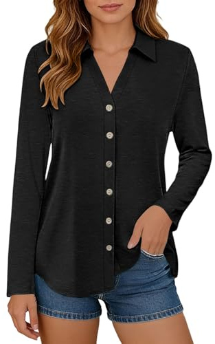 Camisa para mujer, elegante, oversize, blusa para mujer, sin arrugas, sin planchado, con cuello, blusa básica, parte superior monocolor, blusas., Negro , XL