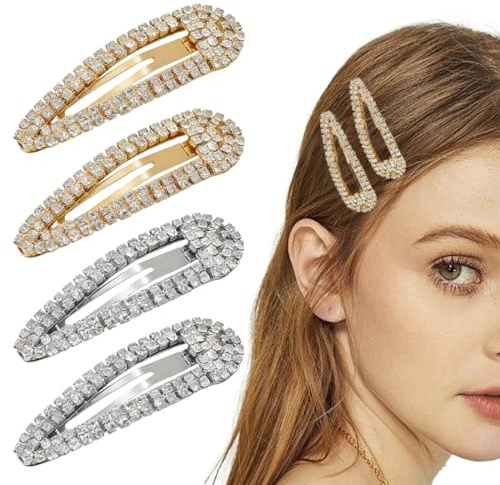 QEXUJOW Mollette per capelli,2 paia di fermagli per capelli tempestati di strass, fermagli per capelli con strass e fermagli laterali per la frangia.