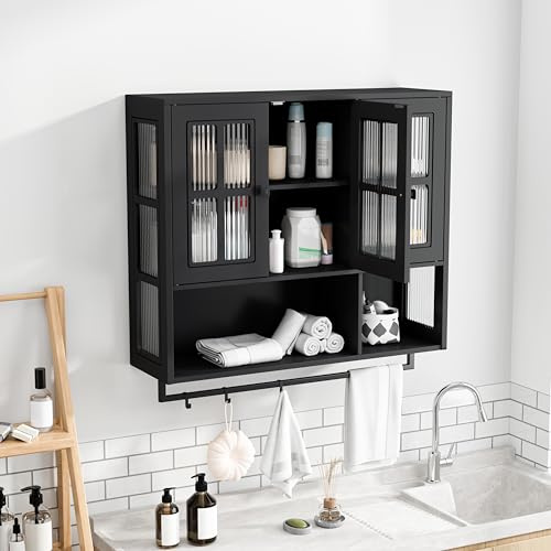 OONNEE Bad-Hängeschrank Schwarz mit 3 Glastüren, Medizinischer Wandschrank aus Holz mit Handtuchhalter & Haken, Küchenoberschrank Küchenhängeschrank für Badezimmer, Küche, Wohnzimmer, Fluted Glass