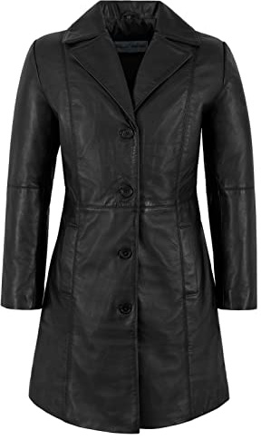 TRENCH Ladies Real Leather Jacket Black Classic Knee-Length Designer Coat 3457