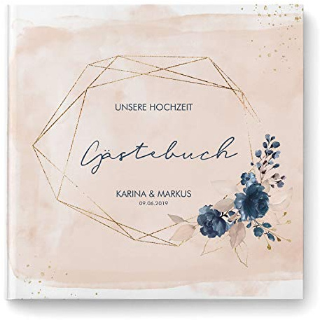 DeinWeddingshop Gästebuch Hochzeit - personalisiert - Hochzeitsgästebuch, Hardcover 21x21 cm (Inhalt mit weißen Seiten, Watercolor Breeze Rosé)