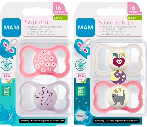 MAM Dental Schnuller Supreme,16+ Monate, 4er Set, Skin Soft Silikon, haut- und zahnfreundlicher Schnuller, pack for Girls