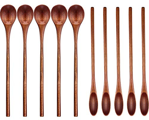 Patelai 10 Pieces Wooden Coffee Spoons Long Handle Mixing Wooden Spoon Handmade Stirring Teaspoon for Kitchen Stirring