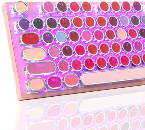 HUO JI Teclado mecánico para Juegos de máquina de Escribir con iluminación Lateral RGB y retroiluminación arcoíris, Estilo Retro, interruptores Azules, lápiz Labial 104 Teclas para Mac, PC, Cute Pink
