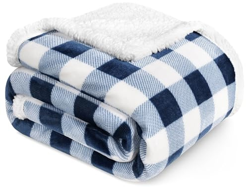 PAVILIA Navy Blue and White Buffalo Plaid Sherpa Throw Blanket for Couch, Plush Checkered Fleece Blanket and Throws, Soft Fuzzy Flannel Blanket for Sofa Bed, Warm Cozy Winter Blanket Gift, 50x60