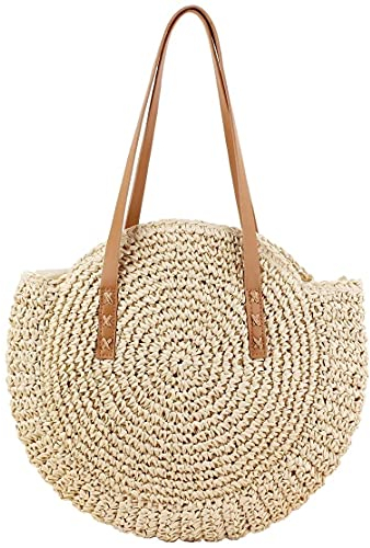 LATRAT Strohtasche, Damen Crossbody Tasche Retro Runde Strandtasche Shopper Korbtasche Groß Schultertasche, für Frauen Reisen Urlaub Freizeit Geflochten Tasche