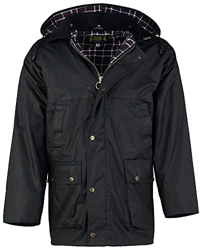 Romneys Chaqueta de cera Country – clásica chaqueta inglesa para exterior de algodón encerado, impermeable y cortavientos, robusta chaqueta de lluvia con capucha para mujer y hombre, azul marino, XXL