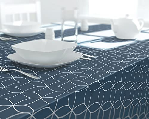 Dehaus® Wipe Clean Table Cloth - Navy Blue Geo Flow - Wipeable PVC Oilcloth Table Cover - Rectangular Plastic Vinyl Tablecloth - Water Resistant Easy Clean - Dining Protector (140 x 250cm)