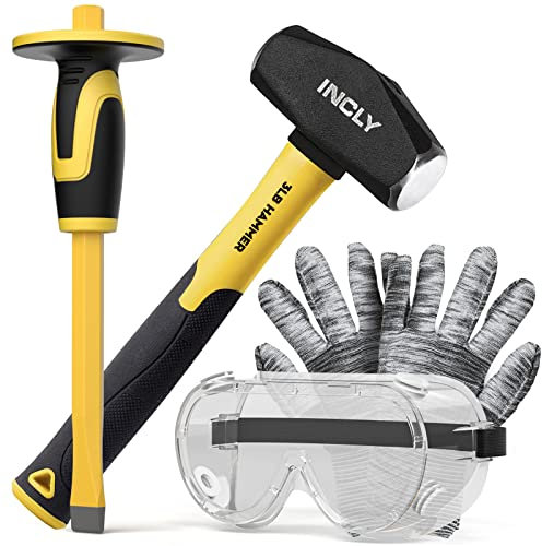 INCLY 4 PCS Geology Rock Pick Hammer Kit, 3 Pound Sledge Rock Hammer with 12 Mason Concrete Chisel, Safety Glasses, Gloves,Hand Tool Set for Fossil Hounding, Mining,Prospecting, Brick Stone Breaking