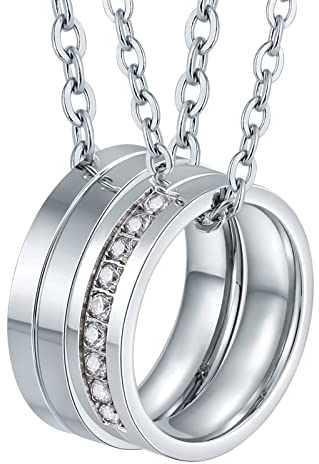 Bishilin Paar Ring Halskette Edelstahl, Partnerketten Personalisiert mit Charms Anhänger Ringe 6MM mit Zirkonia, Freundschaftsketten für 2