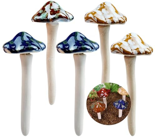 LTHERMELK 5 Stück Keramik Pilz Bunte Gartenpilze Toadstool Fliegenpilz Deko Garten Töpfe Dekoration Keramik Ornament für Fairy Garden Deko Blumentopf Rasen