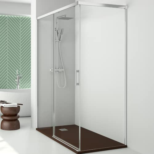Mampara de Ducha Rectangular Corredera Acceso Frontal | Mampara Cuadrada Cabina Ducha | Puerta Corredera Lateral Fijo | Cristal 6mm Antical 195cm Altura | Transparente Cromo (Frente140+Lateral80)