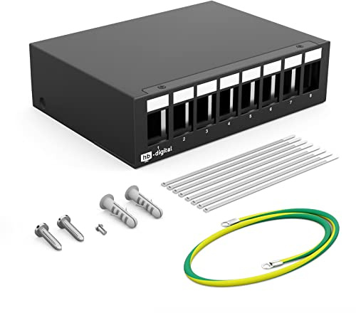 HB-DIGITAL 8-Port Patchpanel Gehäuse für Keystone Module mit z.B. RJ45 Buchse RJ11 Socket Antennenstecker F-Verbinder USB-C USB-A BF/AF HDMI Polklemme Gewindebuchse BNZ - Schwarz
