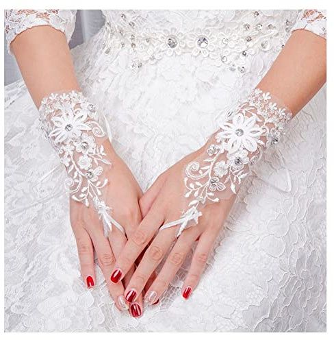SHTGOI Kurze Brauthandschuhe Weiße Fingerlose Spitzenhandschuhe Strass Perlen Hochzeitshandschuhe Brautkleid Spitze Braut Handschuhe für Hochzeitsfeier Abschlussball Kostümzubehör