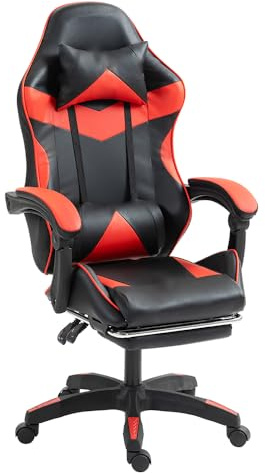 Panana Gaming Chair Reclining Gas Lift Swivel Chair Padded Armrest,Footrest,Pillow (Red)