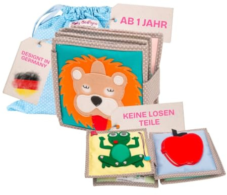Jolly Designs Mini Quiet Book Dösender Leone - Montessori Giocattoli a partire da 1 anno - Libro in stoffa & Busy Book senza parti allentate - Giocattolo educativo in feltro - Libro motore per neonati