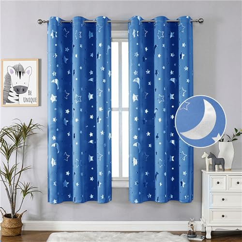 Freyamy Vorhang Blickdicht Hellblau Mond Sternenvorhänge 2 Stück,180x120cm (HxB) Niedliche Vorhänge mit Ösen Lichtundurchlässig thermovorhang kälteschutz Gardinen Lärmschutz für Kindervorhänge