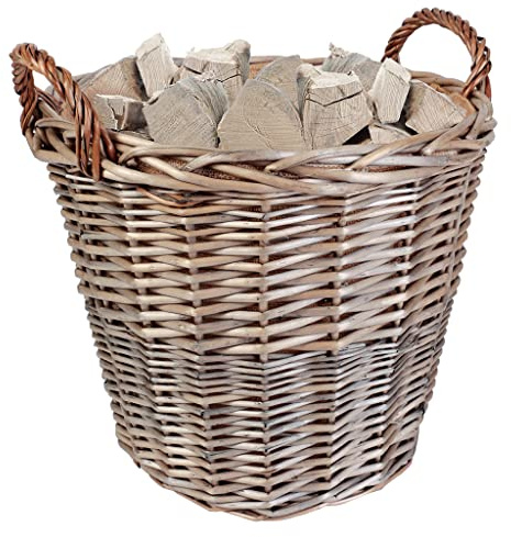 Wicker Log Basket Kindling Bucket with Hessian Lining & Handles (L) | Hand Woven, WIllow Wicker, Grey Wash, Rattan, Fireplace Storage, Log Bucket